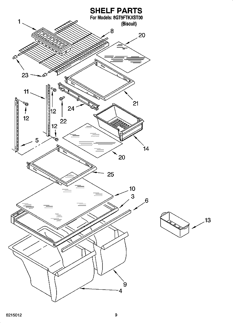 SHELF PARTS, OPTIONAL PARTS Diagram and Parts List for 8GT9FTKXST00  Whirlpool Refrigerator