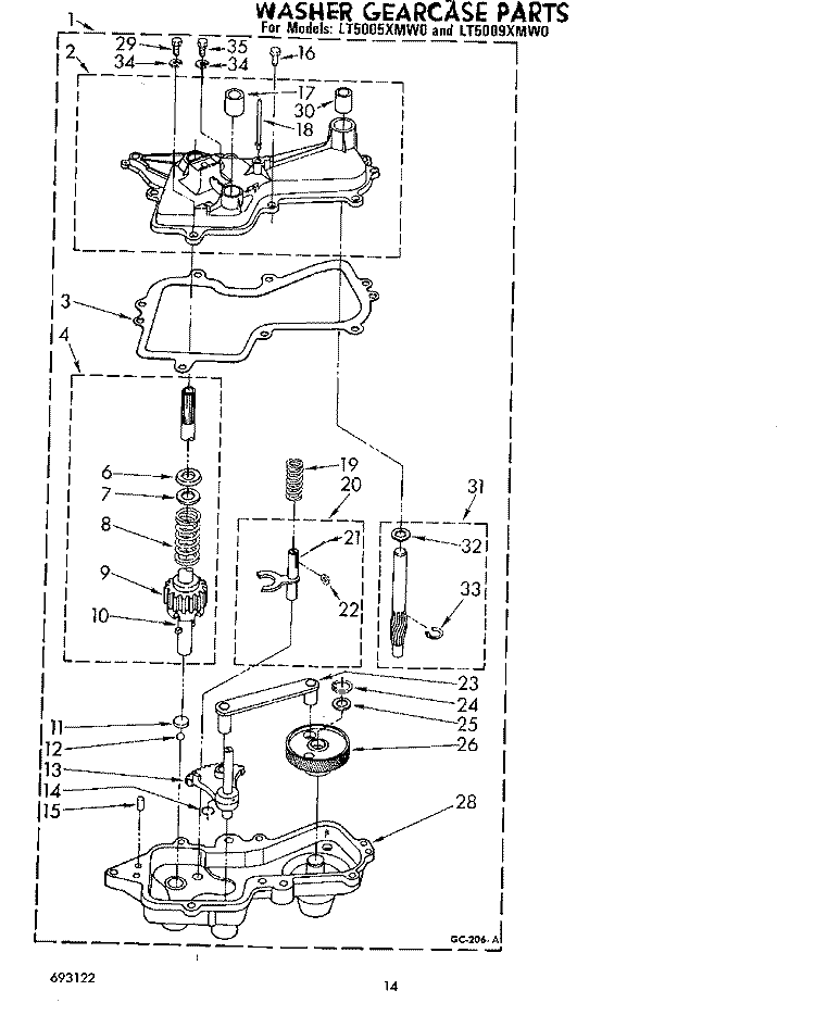 WASHER GEARCASE Diagram and Parts List for LT5005XMW0  Whirlpool Washer Dryer Combo