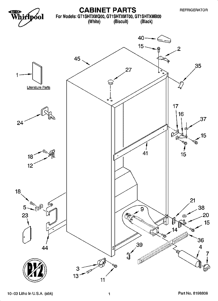 CABINET PARTS Diagram and Parts List for GT1SHTXMB00  Whirlpool Refrigerator