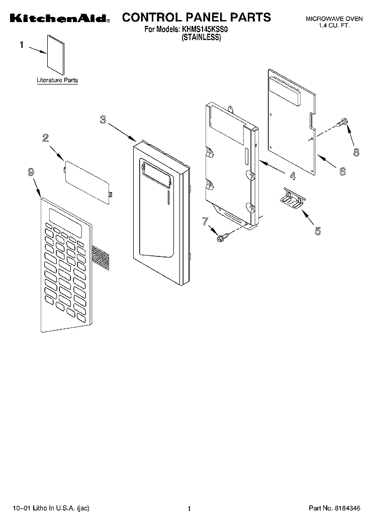 CONTROL PANEL, LITERATURE Diagram and Parts List for KHMS145KSS0  KitchenAid Microwave