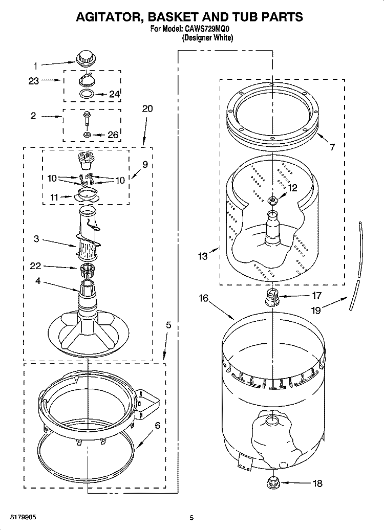 AGITATOR, BASKET AND TUB PARTS Diagram and Parts List for CAWS729MQ0  Crosley Washer