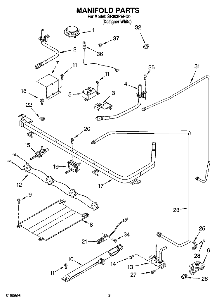 MANIFOLD PARTS Diagram and Parts List for SF303PEPQ0  Whirlpool Range