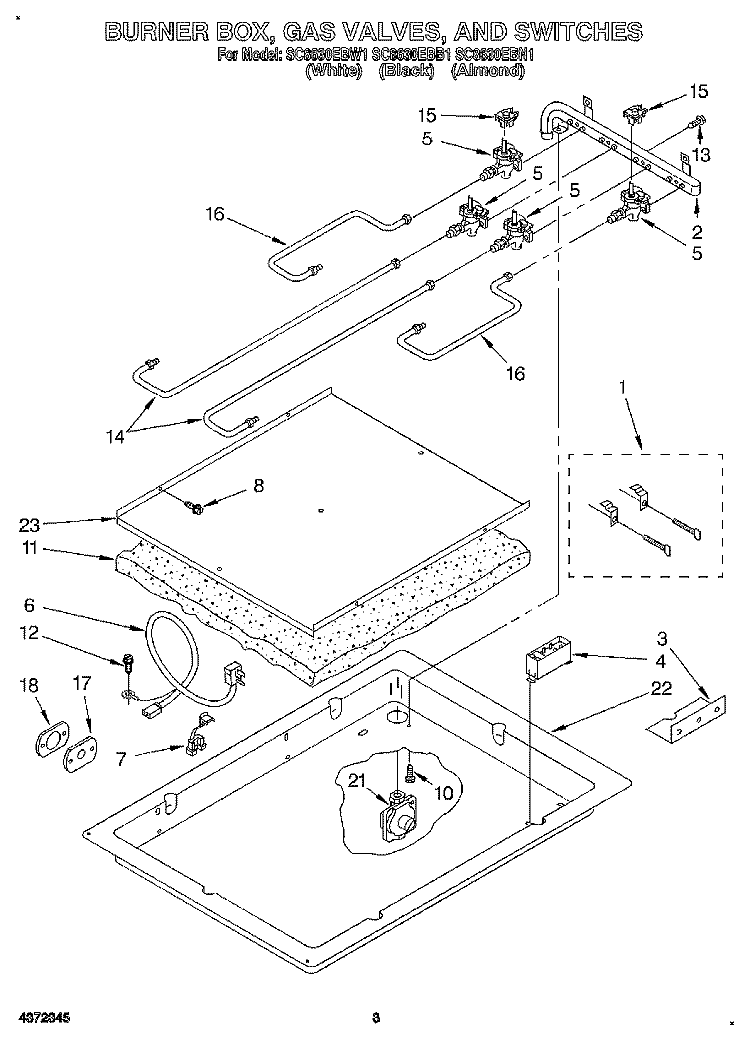 BURNER BOX, GAS VALVES, AND SWITCHES Diagram and Parts List for SC8630EBB1  Whirlpool Cooktop