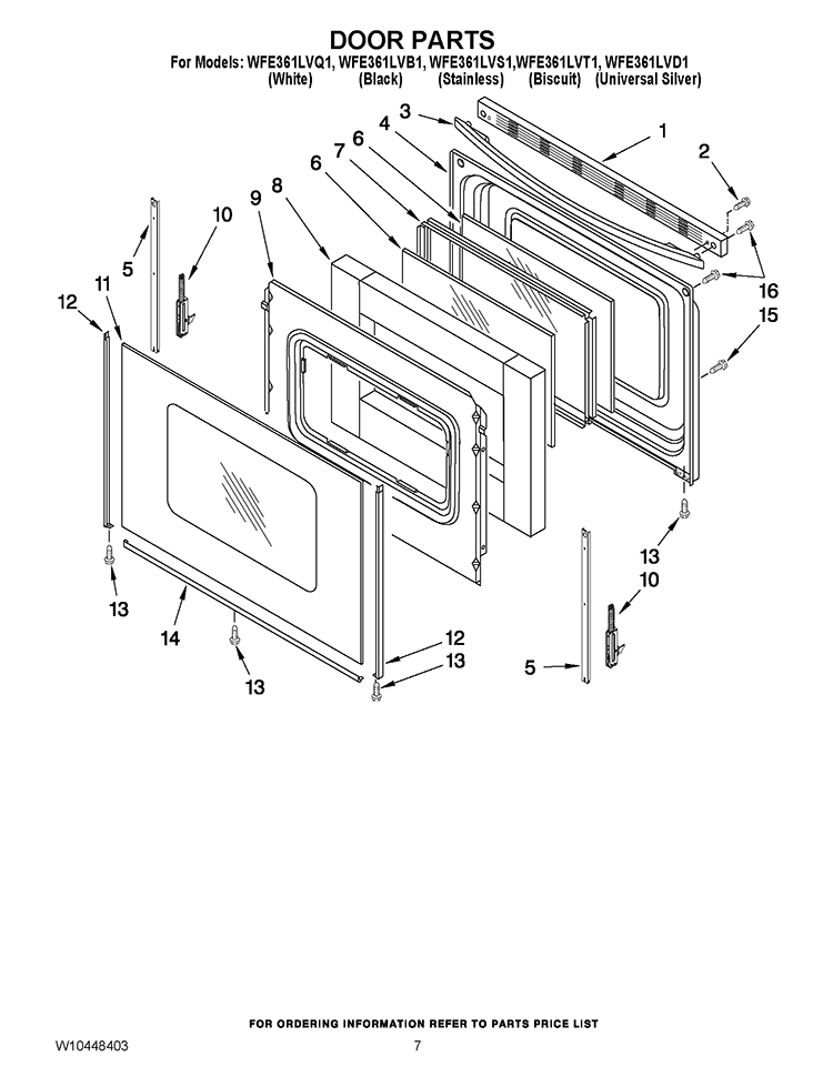 DOOR PARTS Diagram and Parts List for WFE361LVS1  Whirlpool Range