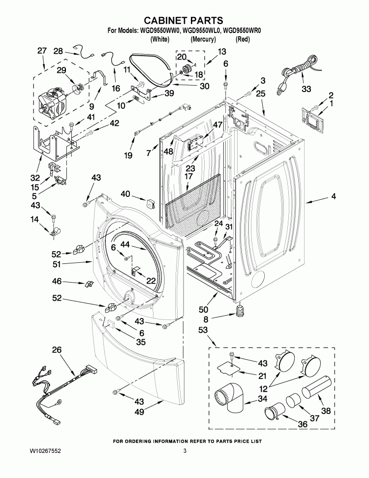 CABINET PARTS Diagram and Parts List for WGD9550WR0  Whirlpool Dryer