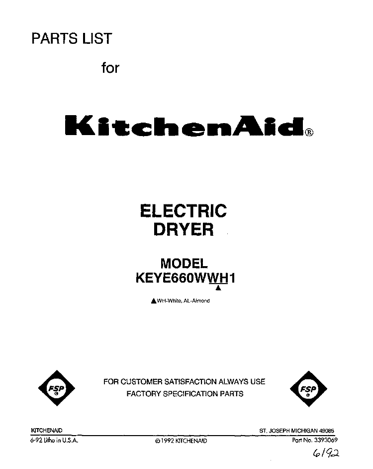 SECTION Diagram and Parts List for KEYE660WWH1  KitchenAid Dryer