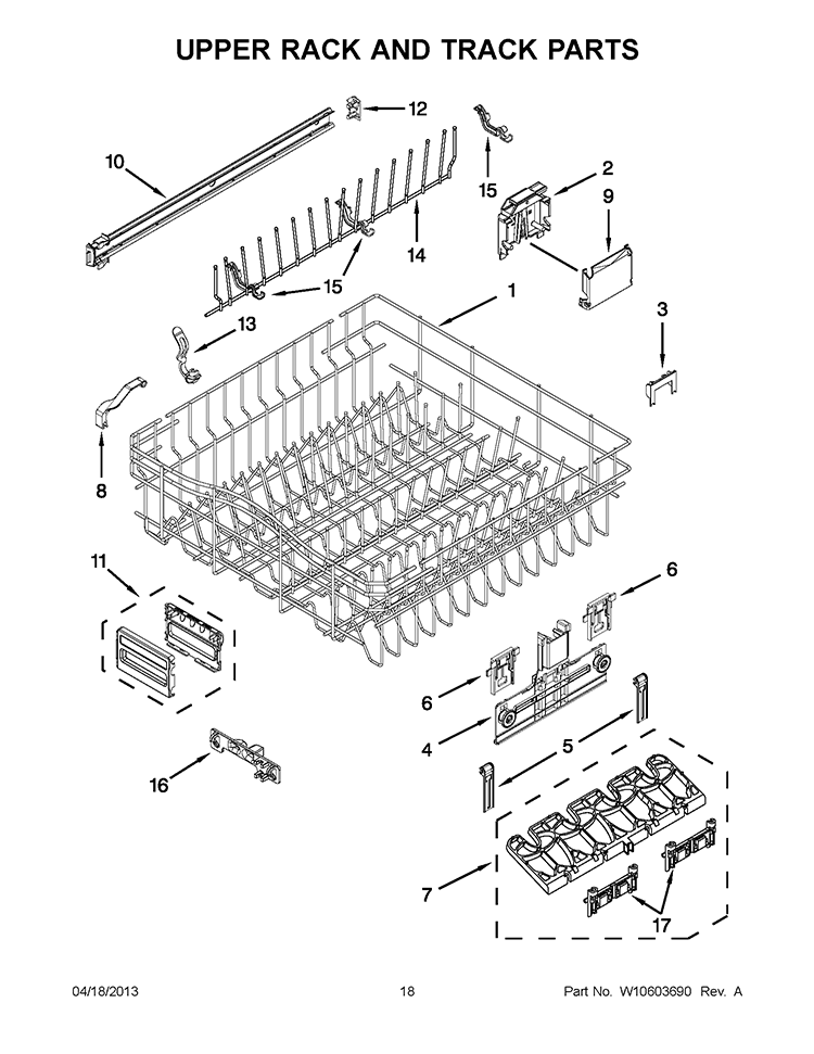 UPPER RACK AND TRACK PARTS Diagram and Parts List for KDFE454CSS0  KitchenAid Dishwasher