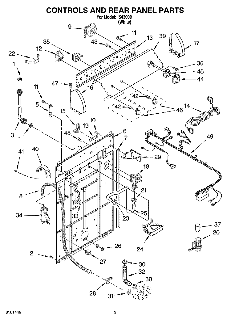 CONTROLS AND REAR PANEL PARTS Diagram and Parts List for IS43000  Inglis Washer
