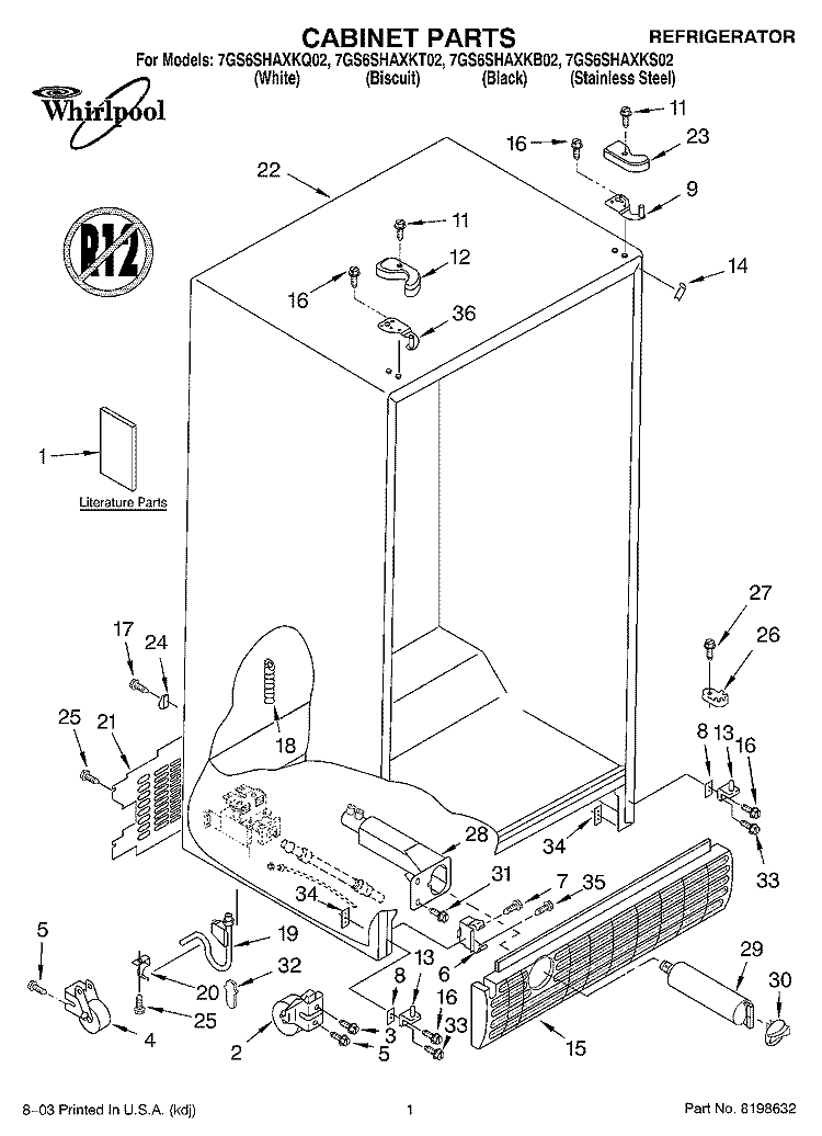 CABINET PARTS Diagram and Parts List for 7GS6SHAXKT02  Whirlpool Refrigerator