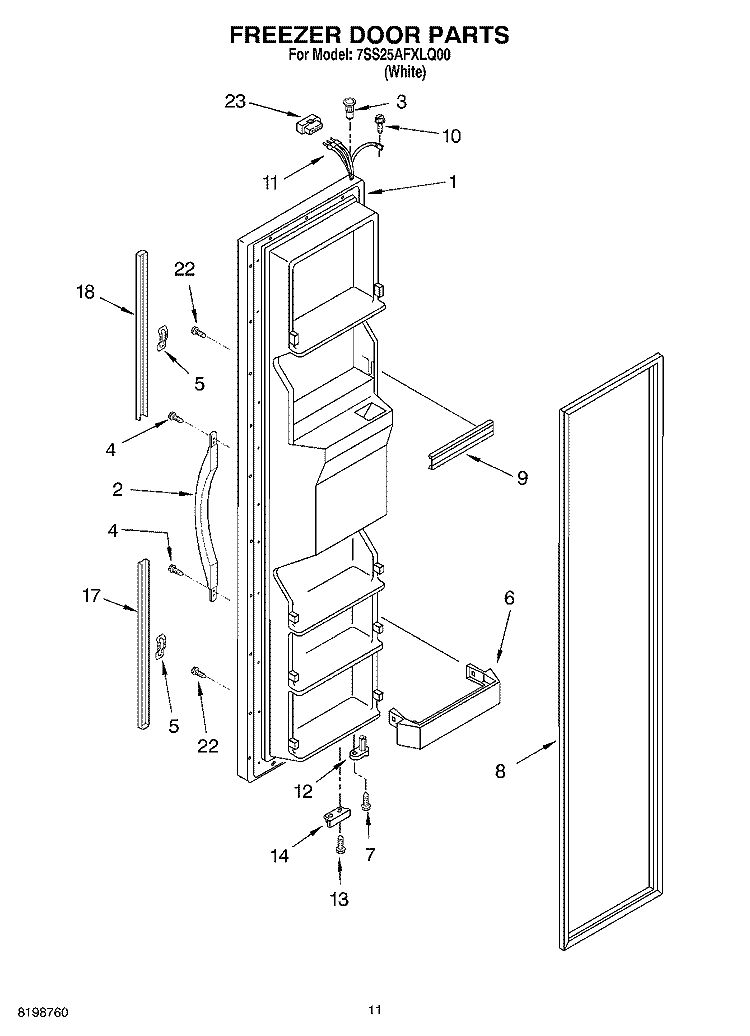 FREEZER DOOR PARTS Diagram and Parts List for 7SS25AFXLQ00  Whirlpool Refrigerator