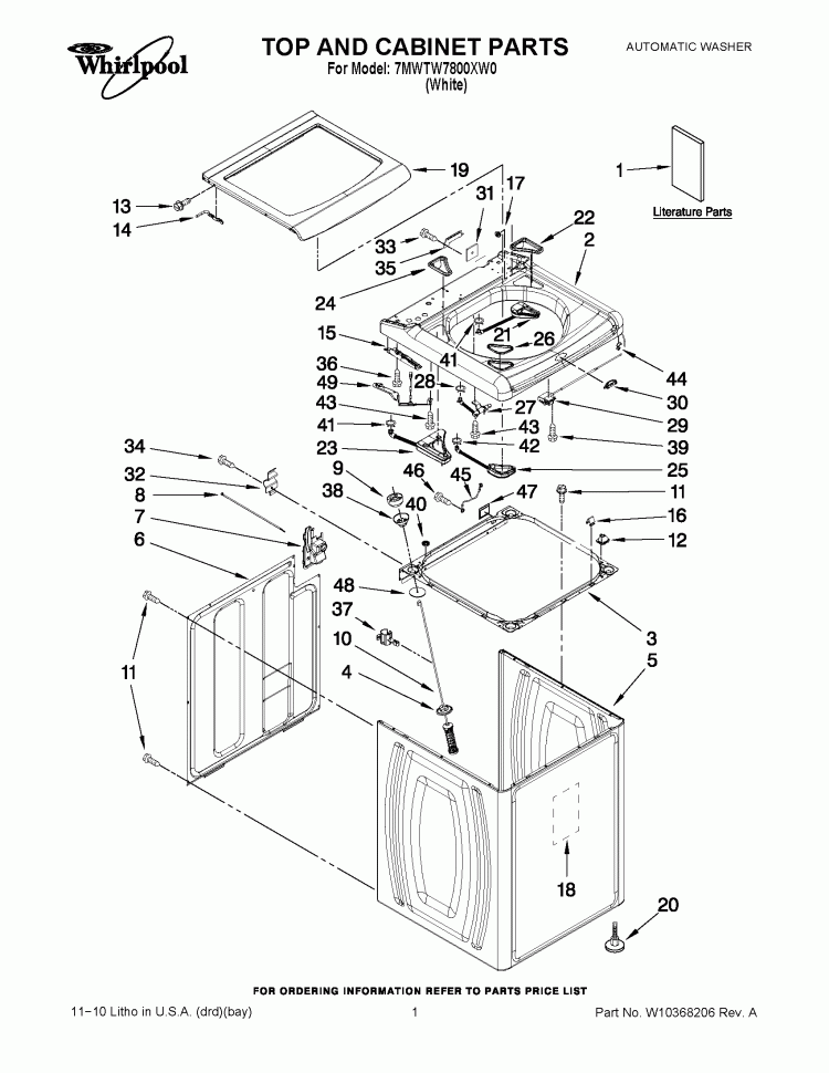 TOP AND CABINET PARTS Diagram and Parts List for 7MWTW7800XW0  Whirlpool Washer
