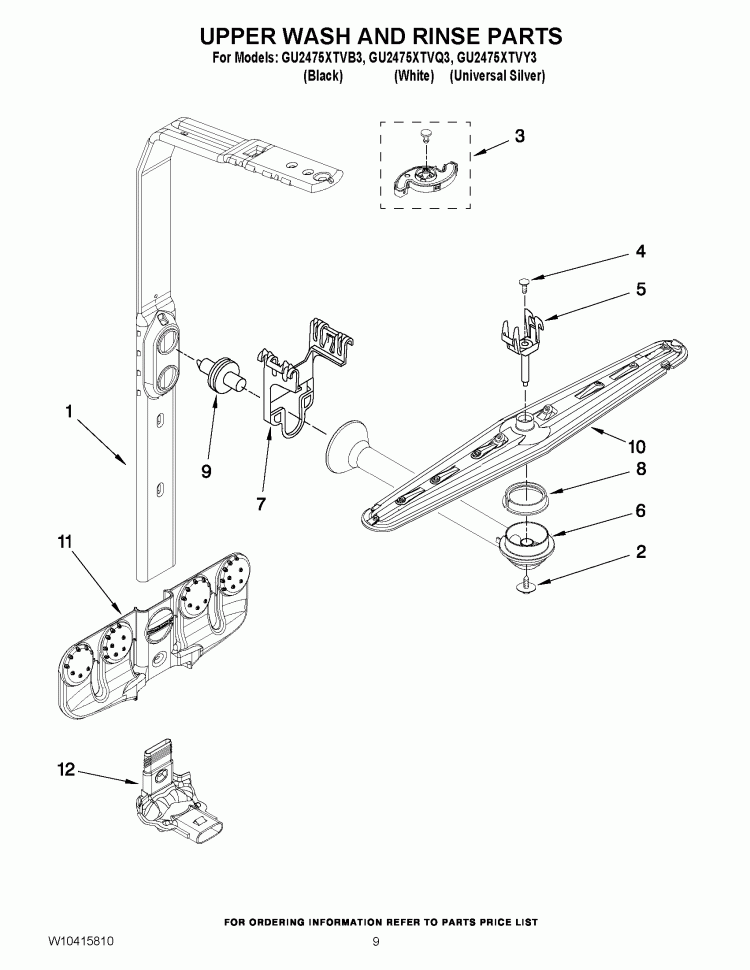 UPPER WASH AND RINSE PARTS Diagram and Parts List for GU2475XTVQ3  Whirlpool Dishwasher