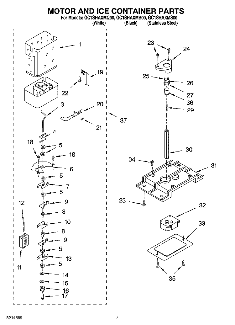 MOTOR AND ICE CONTAINER PARTS Diagram and Parts List for GC1SHAXMB00  Whirlpool Refrigerator