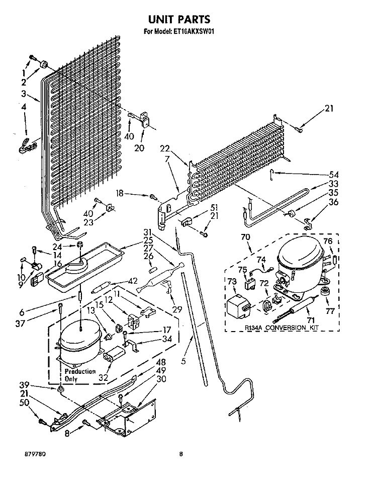UNIT Diagram and Parts List for ET16AKXSW01  Whirlpool Refrigerator