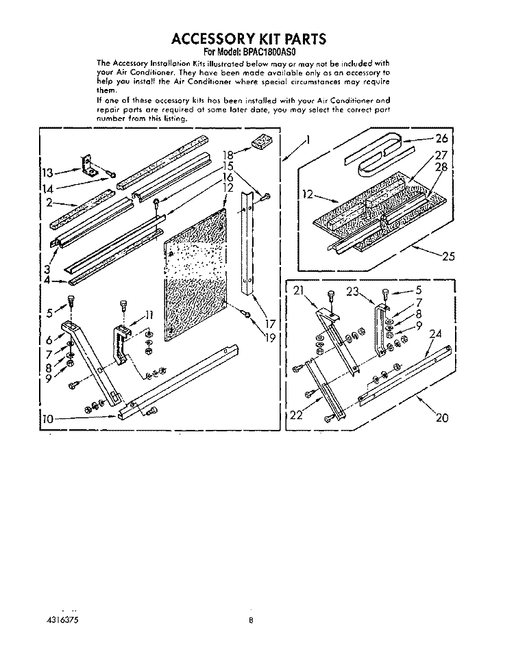 ACCESSORY KIT Diagram and Parts List for BPAC1800AS0  KitchenAid Air Conditioner