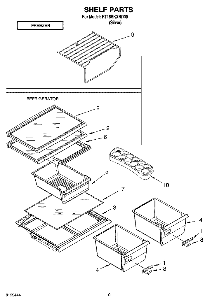 SHELF PARTS, OPTIONAL PARTS Diagram and Parts List for RT18SKXRD00  Roper Refrigerator