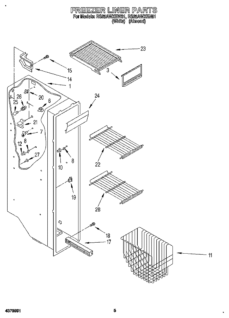 FREEZER LINER Diagram and Parts List for RS25AWXEN01  Roper Refrigerator