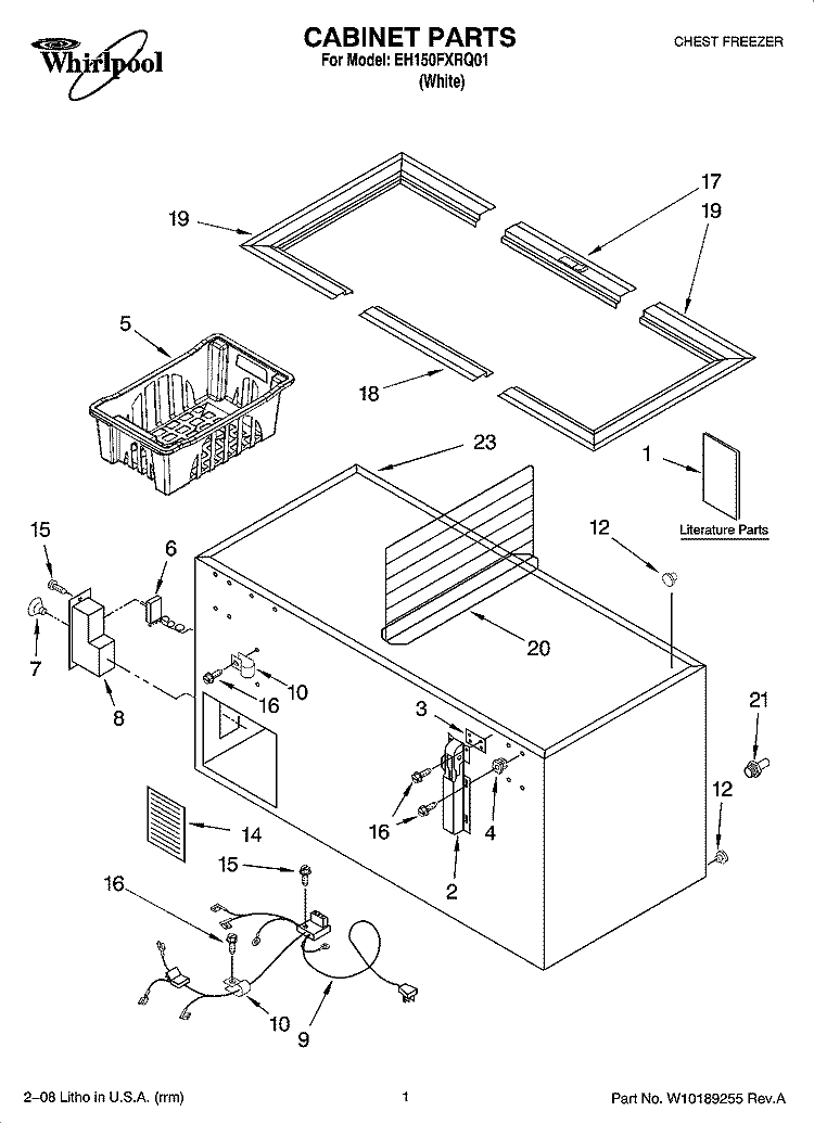 CABINET PARTS Diagram and Parts List for EH150FXRQ01  Whirlpool Freezer