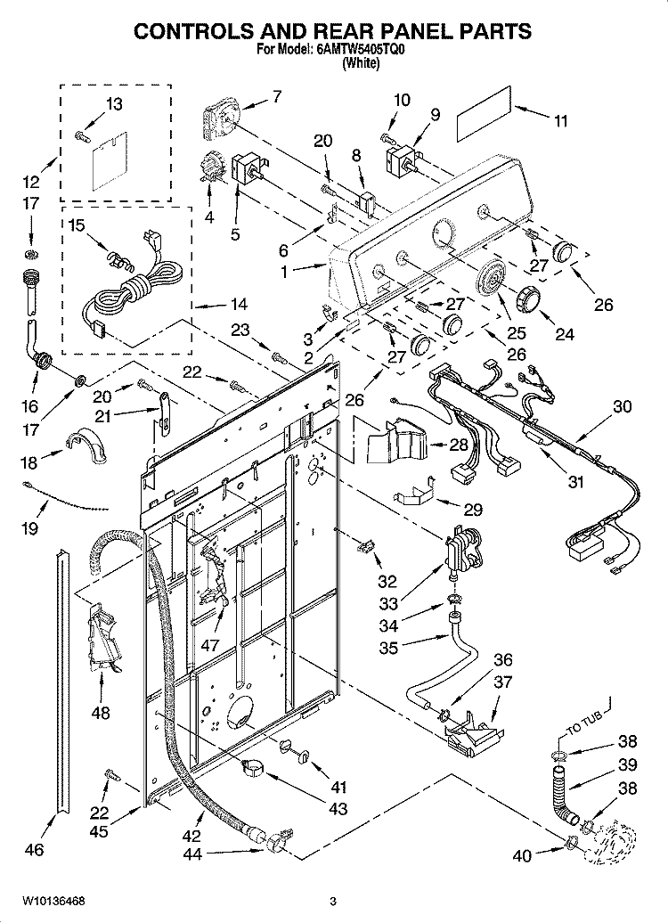 CONTROLS AND REAR PANEL PARTS Diagram and Parts List for 6AMTW5405TQ0  Whirlpool Washer