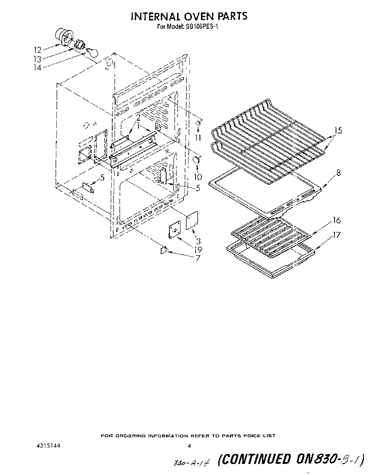 INTERNAL OVEN Diagram and Parts List for SB100PES1  Whirlpool Range