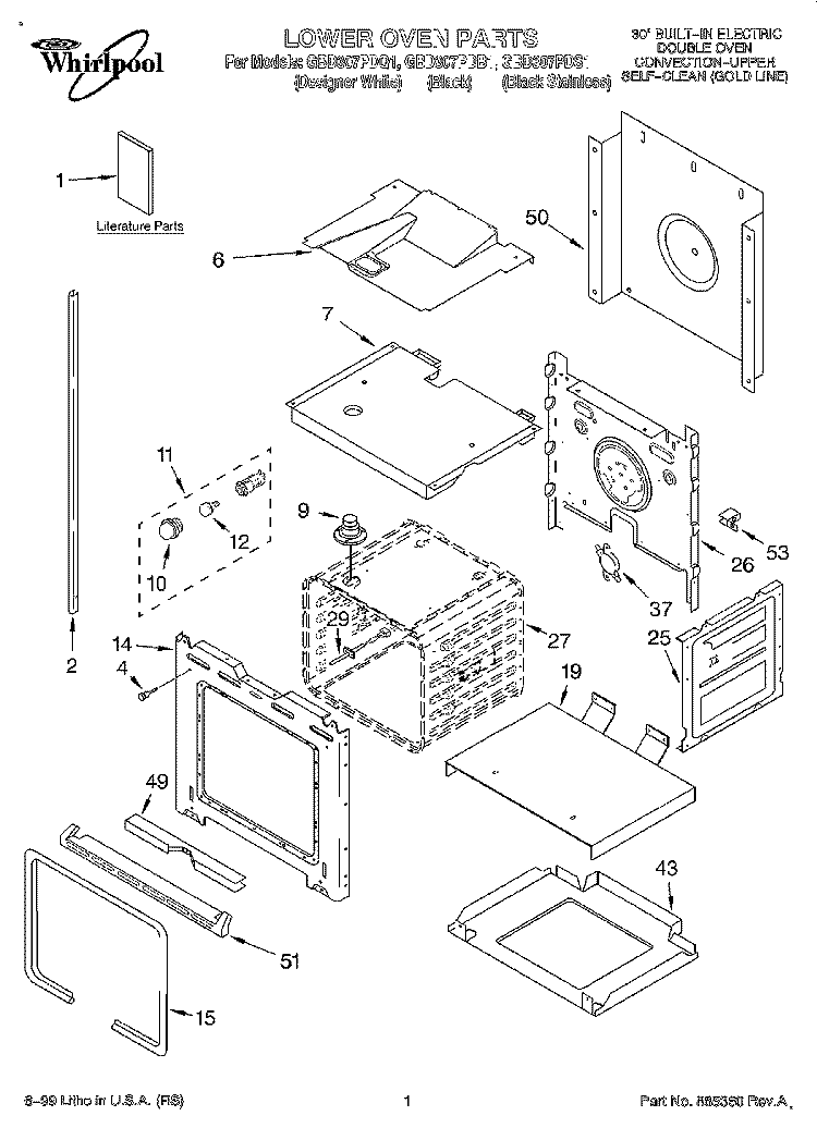 LOWER OVEN, LITERATURE Diagram and Parts List for GBD307PDS1  Whirlpool Wall Oven