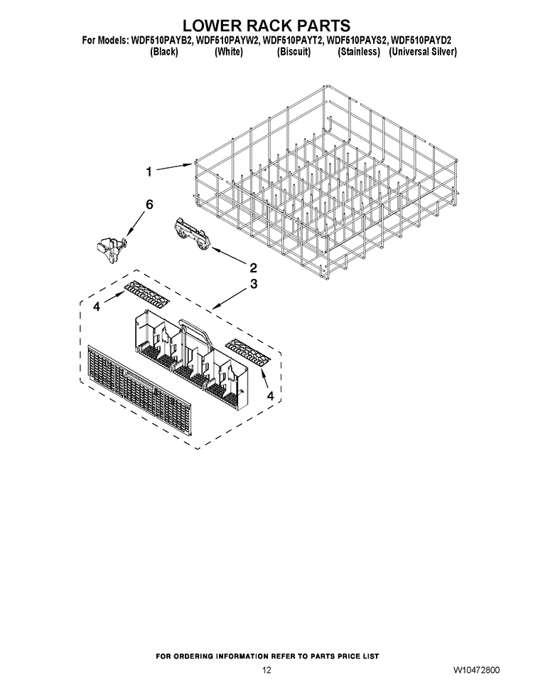 LOWER RACK PARTS Diagram and Parts List for WDF510PAYS2  Whirlpool Dishwasher