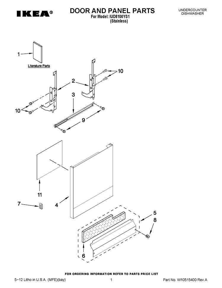 DOOR AND PANEL PARTS Diagram and Parts List for IUD8100YS1  Whirlpool Dishwasher