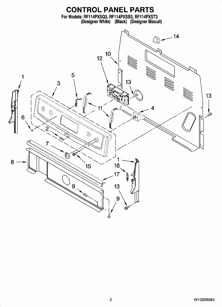 CONTROL PANEL PARTS Diagram and Parts List for RF114PXSB3  Whirlpool Range