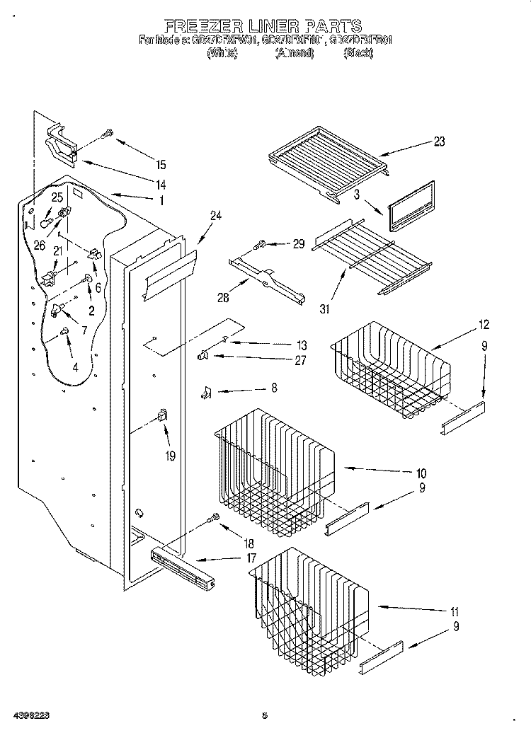 FREEZER LINER Diagram and Parts List for GD27DFXFW01  Whirlpool Refrigerator