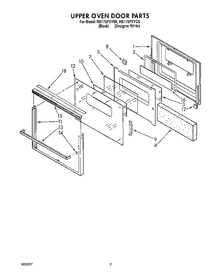 UPPER OVEN DOOR Diagram and Parts List for RB170PXYB6  Whirlpool Wall Oven