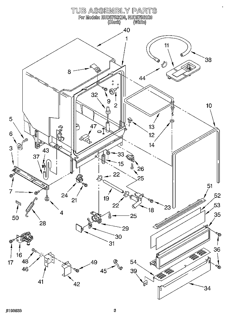 TUB ASSEMBLY Diagram and Parts List for RUD5750KQ0  Roper Dishwasher