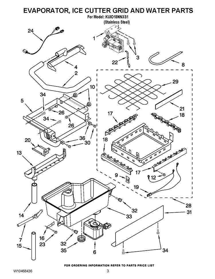 EVAPORATOR, ICE CUTTER GRID AND WATER PARTS Diagram and Parts List for KUIO18NNXS1  KitchenAid Ice Maker