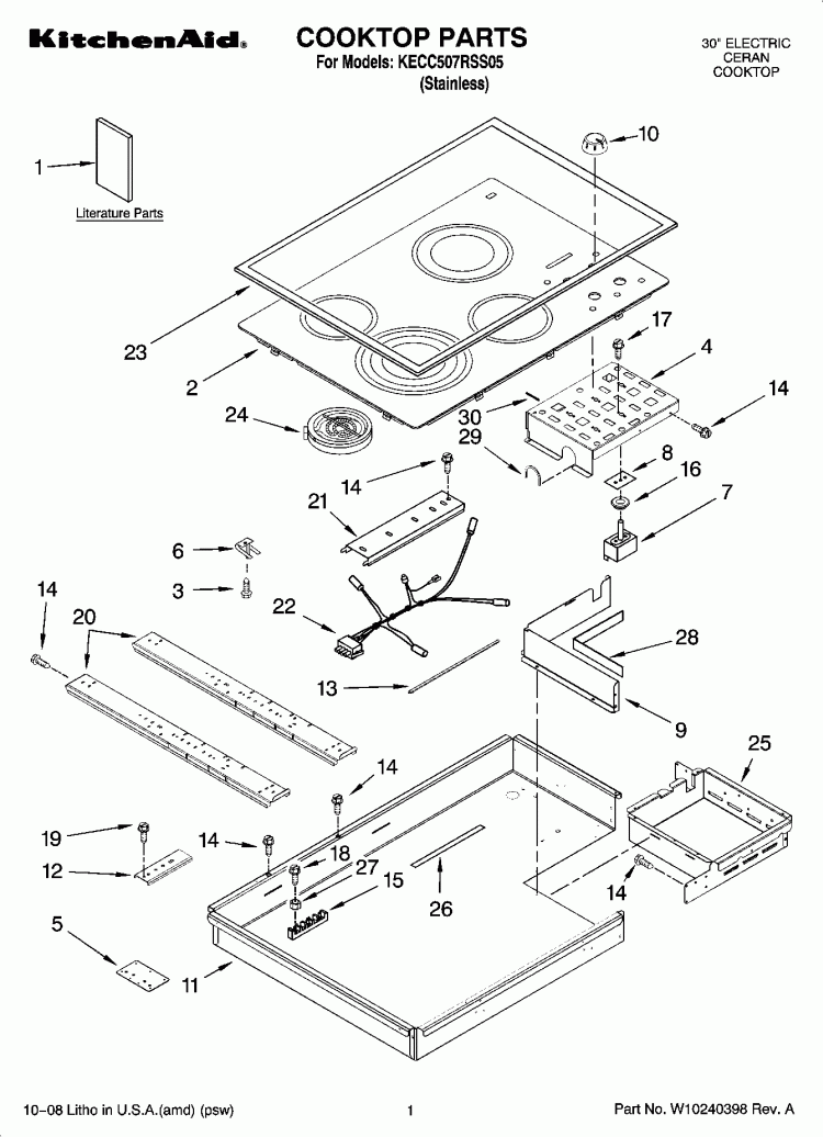 COOKTOP PARTS, OPTIONAL PARTS Diagram and Parts List for KECC507RSS05  KitchenAid Cooktop