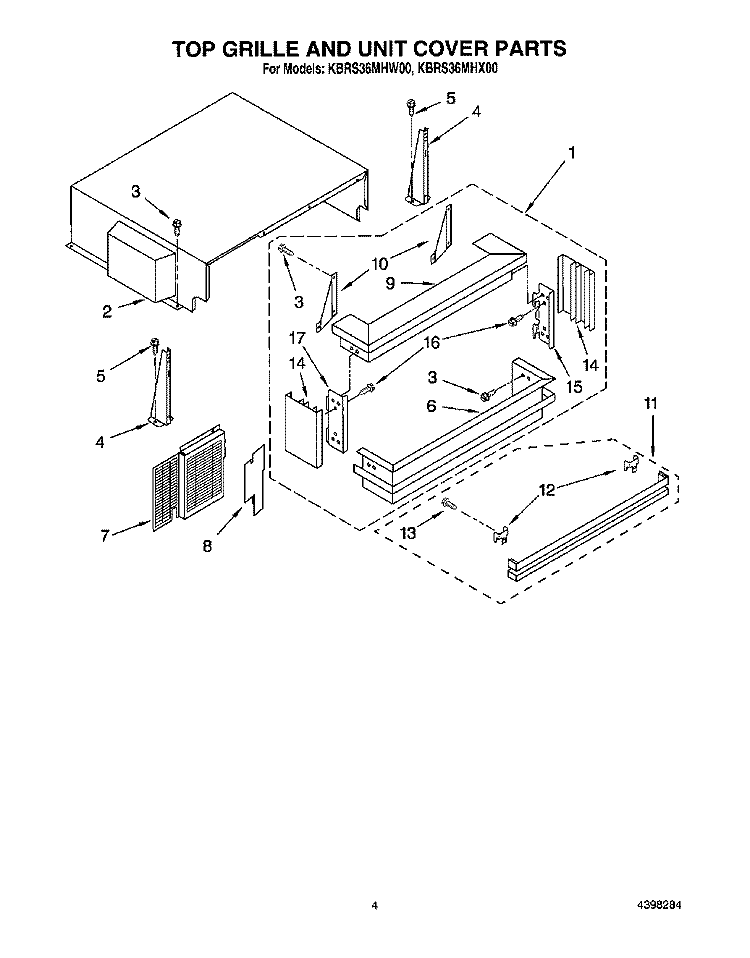 TOP GRILLE AND UNIT COVER Diagram and Parts List for KBRS36MHW00  KitchenAid Refrigerator