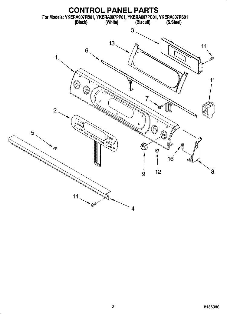 CONTROL PANEL PARTS Diagram and Parts List for YKERA807PB01  KitchenAid Range
