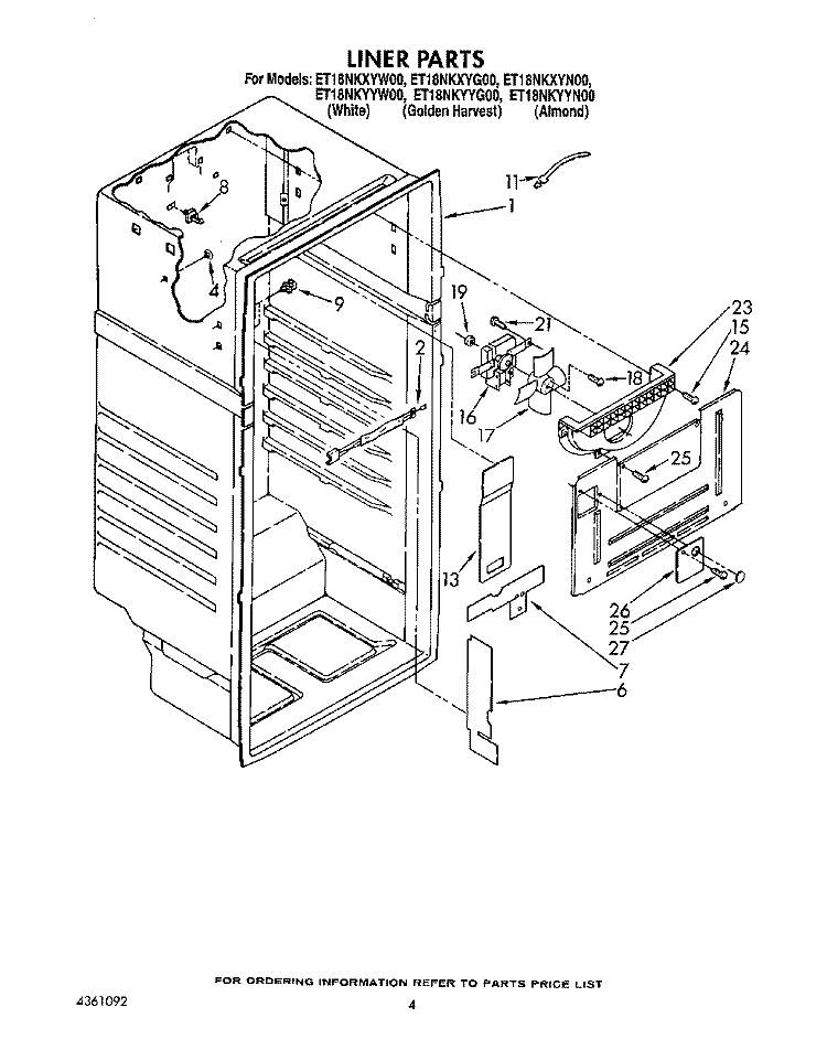 LINER Diagram and Parts List for ET18NKXYW00  Whirlpool Refrigerator