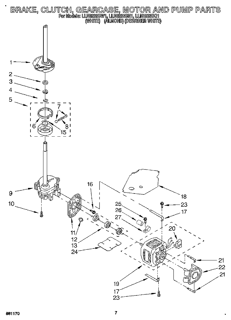 BRAKE, CLUTCH, GEARCASE, MOTOR & PUMP Diagram and Parts List for LLN8233BN1  Whirlpool Washer