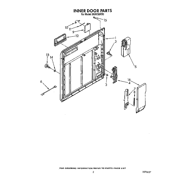 INNER DOOR Diagram and Parts List for DU9720XX0  Whirlpool Dishwasher