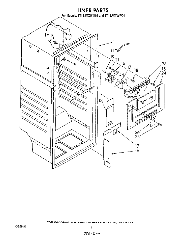 LINER Diagram and Parts List for ET18JMXWM01  Whirlpool Refrigerator
