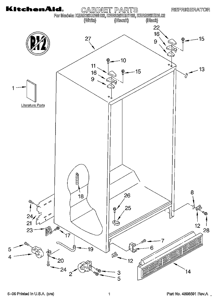 CABINET, LITERATURE Diagram and Parts List for KSRS25KGBT02  KitchenAid Refrigerator