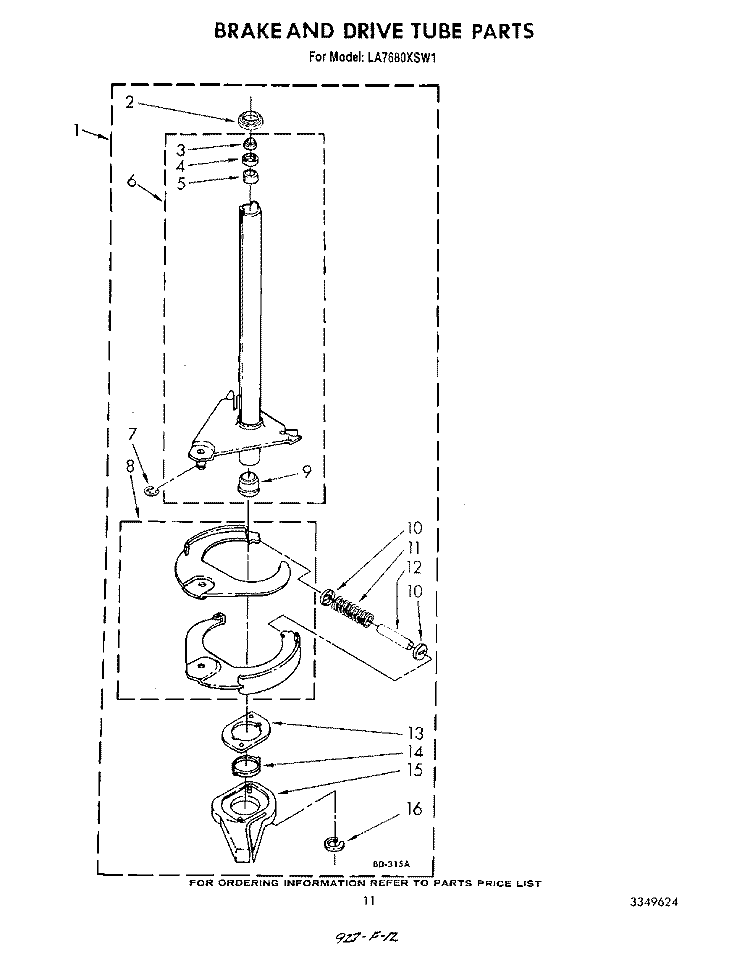 BRAKE AND DRIVE TUBE Diagram and Parts List for LA7680XSW1  Whirlpool Washer