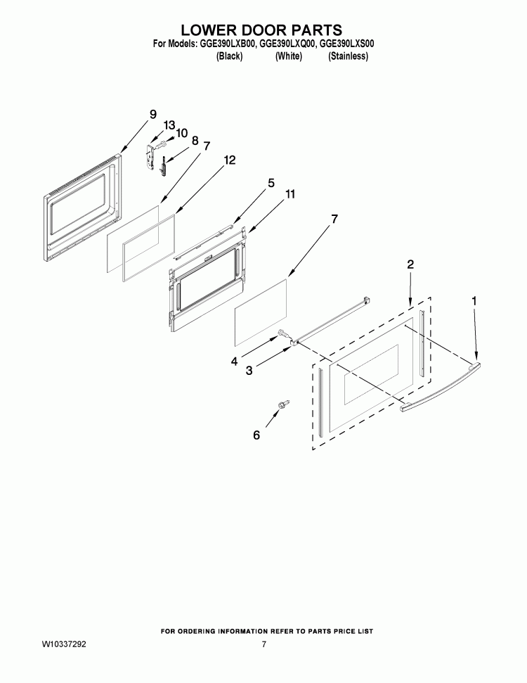 LOWER DOOR PARTS Diagram and Parts List for GGE390LXS00  Whirlpool Range