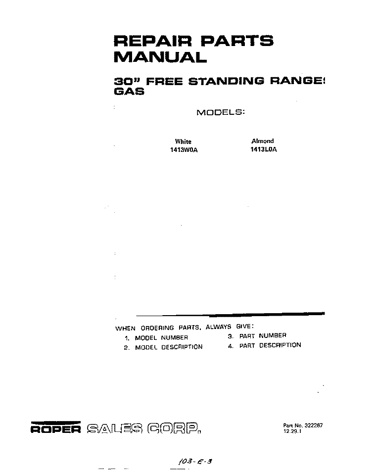 BURNER Diagram and Parts List for 1413W0A  Roper Range