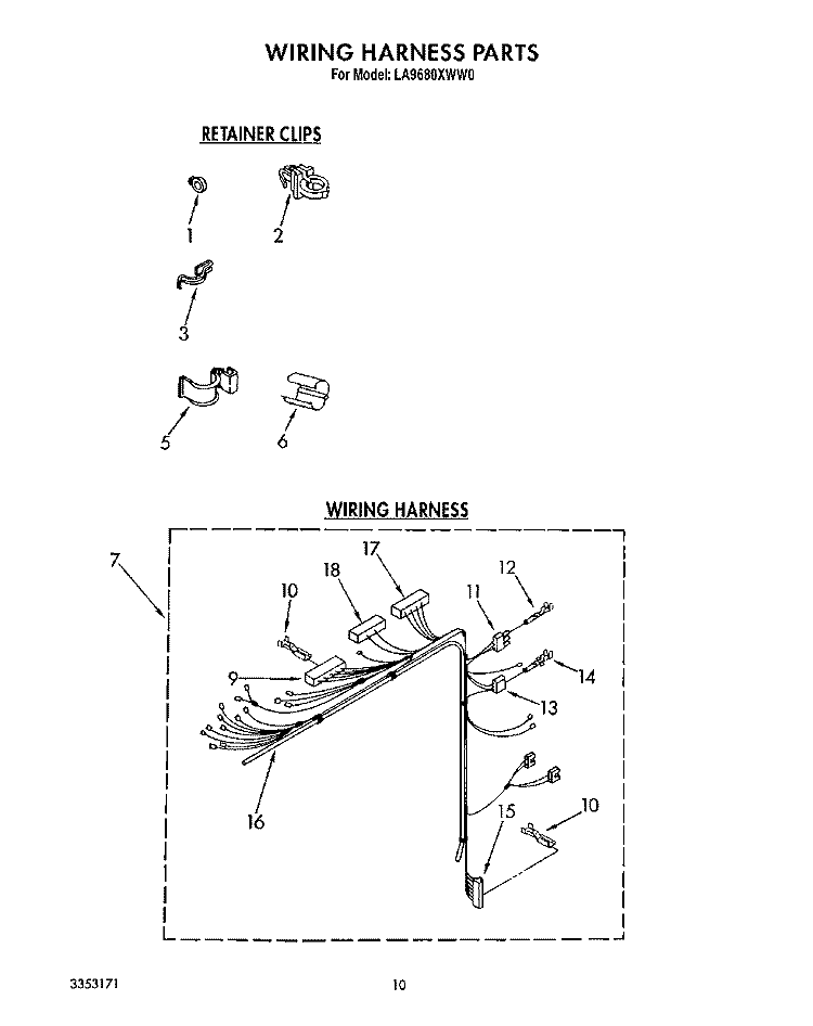 WIRING HARNESS Diagram and Parts List for LA9680XWN0  Whirlpool Washer