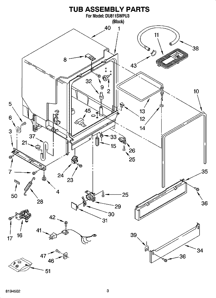 TUB ASSEMBLY PARTS Diagram and Parts List for DU811SWPU3  Whirlpool Dishwasher