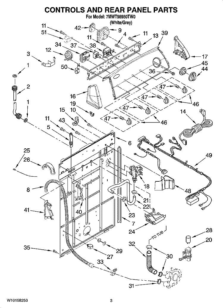 CONTROLS AND REAR PANEL PARTS Diagram and Parts List for 7MWT98950TW0  Whirlpool Washer