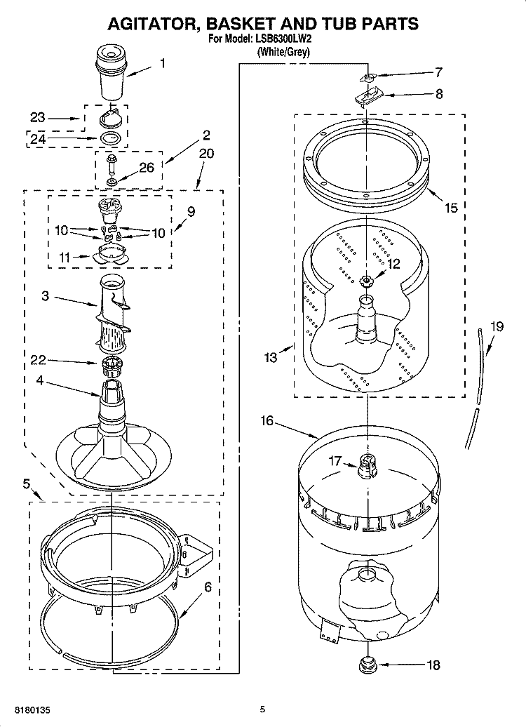 AGITATOR, BASKET AND TUB PARTS Diagram and Parts List for LSB6300LW2  Whirlpool Washer