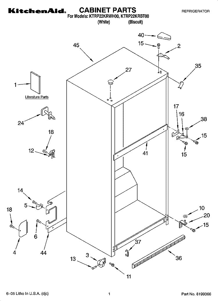 CABINET PARTS Diagram and Parts List for KTRP22KRWH00  Whirlpool Refrigerator