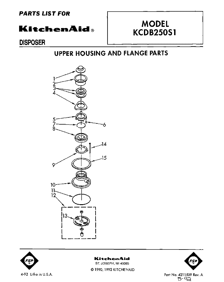 SECTION Diagram and Parts List for KCDB250S1  KitchenAid Food Waste Disposer