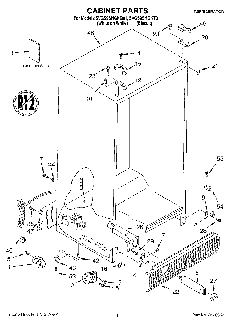CABINET, LITERATURE Diagram and Parts List for 5VGS9SHGKQ01  Whirlpool Refrigerator